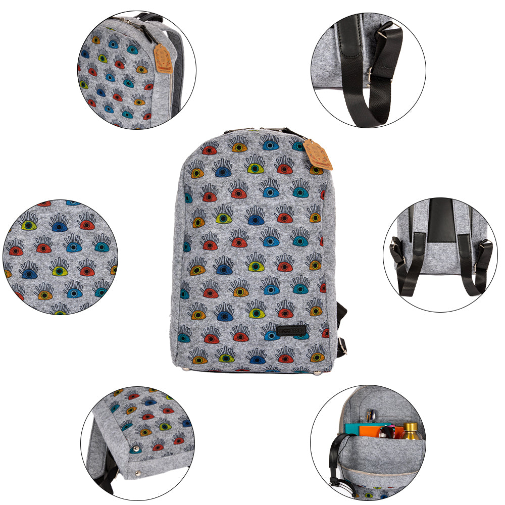 Bunter Biggdesign My Eyes on You Rucksack aus Filz mit fröhlichem Muster, ideal für Schule und Freizeit.